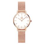 SK Ultra Thin Minialist Women Watches Simple Two Hands Ladies Dress Watch Leather Strap (Rosegold-Mesh)