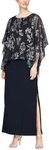 S.L. Fashions Women's Long Shimmer Foil Printed Chiffon Overlay Wedding Guest Capelet Gown, Formal Dress W/Attached Cape, Navy Floral, 20