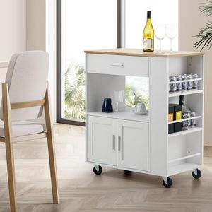 Oikiture Kitchen Island Bench Trolley with Rack, Drawers, Open Shelf and Cabinet Rolling Trolley Cart White