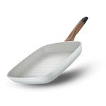 Bergner Naturally Forged NonStick 28 cm Grill Pan, Free Woven Trivet, for Low Oil Tikkas/Kebabs/Sandwiches/Stovetop Babeque, Wood Finish Handle, White Granite Finish, Induction & Gas Ready