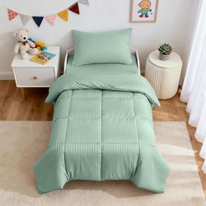 ZPECC Toddler Bedding Set - 4 Piece Soft Crib Bedding Set for Boys and Girls, Includes Toddler Comforter Flat Sheet Fitted Sheet and Pillowcase, Green Stripe