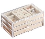 HerFav Jewellery Box for Women with 3 Drawers, Velvet Jewellery Organiser for Earring Bangle Bracelet Necklace and Rings Storage Clear Acrylic Jewellery Box Earring Holder