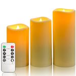 YIWER Waterproof led Flameless Candles,Outdoor Indoor Battery Operated Flickering Candles with Remote Timers,Won't Melt,Ivory Plastic Set of 3 D2.2 x H5 6" 7" for Party Decoration