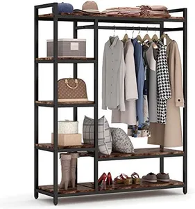 LITTLE TREE Free-Standing Closet Organizer, Heavy Duty Clothes Closet, Portable Garment Rack with 6 Shelves and Hanging Rod, Black Metal Frame&Rustic Board Finish