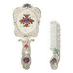 YUSONG Vintage Handheld Mirror Comb Set, Folding Antique Mirror for Travel Embossed Rose Small Vanity Mirror Hand Mirror with Handle Gift for Women (Silver)