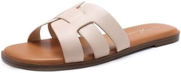 Athlefit Flat Sandals for Women Dressy Summer Square Open Toe Nude Sandals Comfortable Slip On Leather Slides Size 9.5