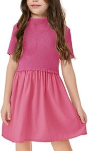 Haloumoning Girls Short Sleeve Mock Neck Dress Summer Casual Dresses A-Line Swing Elegant Sundress Hot Pink