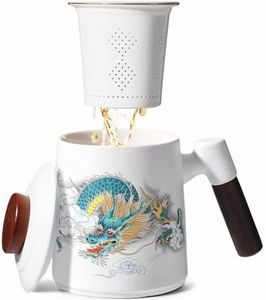 Porcelain Tea Cup with Infuser and Lid,Ceramic Tea Mug for Loose Leaf,Tea Strainer Cup with Wood Handle,Chinese Dragon Tea Cup,All Ceramic Infuser,BPA-Free,Tea Lovers/Birthday/Christmas Gifts (White)