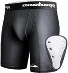 COOLOMG Mens Compression Hockey Shorts with Groin Cup Pocket and Built-in Jock Strap Supporter,Baseball,Hockey,Lacrosse,Softball,Soccer M Black