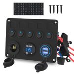 RVMARINEPAT 5 Gang Rocker Switch Panel UL Listed 12 Volt ON-Off Switch Panel Blue LED with Inline Fuse & 4.8A USB Charger Socket & Digital Voltmeter & 12V Cigarette Lighter Socket for Marine Boat Car