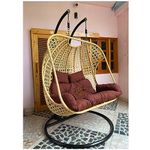 Hindoro Wrought Iron Rattan Wicker Outdoor Patio Furniture Double Seater Swing with Stand and Cushion (Beige with Dark Brown)