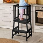 Toddler Kitchen Nursery Step Stool for Kids Toddlers Children,Standing Tower for Kitchen Counter, Mothers' Helper Kids Learning Stool,Made of Natural Solid Bamboo (Black)
