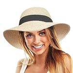 TOSKATOK Women's Straw Sun Beach Hat UPF 50+ Protects from UV Rays, Wide Brim, Packable for Travel and Holidays-Cream