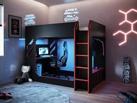 Flair Furnishings Recoil - Small Double High Sleeper Bed for Kids, Gaming Bed with Desk and LED Lighting, Heavy Duty and Sturdy, TV Compatible, Space-Saving Design (Black)