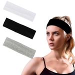 Yadiana 3 Pack Headbands for Women, Cotton Soft Elastic Sports Hairbands, Non-Slip Thin Yoga Sweatbands for Workout, Running, and Yoga (Black, White, Gray)