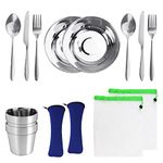 EMAGEREN Camping Cutlery Set 14 in 1 Stainless Steel Utensils Camping Tableware Mess Kit 2 Person Complete Dinnerware Set Includes Plate Bowl Cup Spoon Fork Knife Mesh Bag for Camping Backpacking