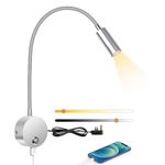 ERWEY Reading Lamp Wall Mounted, LED Wall Lamp Bedside Lamp with Switch Touch Dimmable and USB Charging Port, Bed Reading Light 360° Swing Gooseneck Lamp with Plug and Cable for Bedroom, Silver