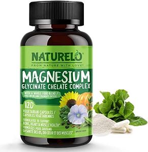 NATURELO Magnesium Glycinate Chelate Complex - 200 mg Magnesium with Organic Vegetables to Support Sleep, Calm, Muscle Cramp & Stress Relief – Gluten Free, Non GMO - 120 Capsules
