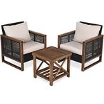 COSTWAY 3 PCS Rattan Furniture Set, Sectional Patio Bistro Set with 2 Cushioned Sofas and 1 Acacia Table, Outdoor Wicker Weave Conversation Table Chairs for Garden Balcony Yard Poolside (Khaki)