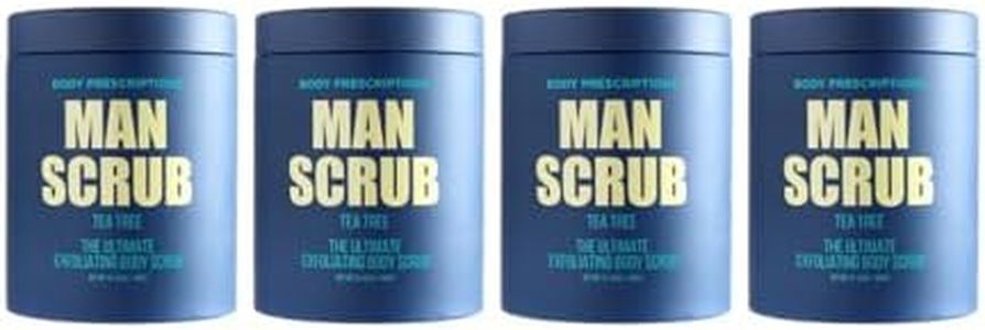 Body Prescriptions Men’s Exfoliating Body Scrub – Ultimate Skin Cleansing Wash in Jar with Twist-Top Lid, For All Skin Types, 21 Ounce (Pack of 4), Tea Tree