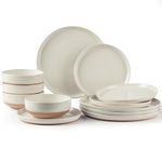 AmorArc Ceramic Dinnerware Sets for 4, 12 Pieces Handpainted Plates and Bowls Set with Rustic Terracotta Underside, Scratch Resistant Stoneware Dishes Set, Dishwasher & Microwave Safe, Light Beige