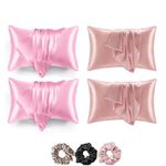 Filloxy Satin Silk Pillow Cover 4 Piece | 3 PC Multicolor Scrunchies | with Envelope Closure Design | Comfortable for Hair and Skin | Case Set - 18"x28" inches-(Pack of 4) (Pink + Rose)