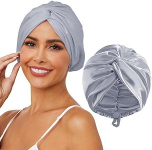 HFRHTGY Adjustable Silk Satin Hair Bonnet for Sleeping, Double Layer Hair Wrap Sleep Cap Turban for Women Men, Curly Straight Braid Unisex (Silver Gray 95)