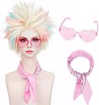 Aicos Blonde Weird Wig for Women Costume Blonde mix Blue Pink Cosplay Wig for Halloween Funky Spiky Doll Wig Party Fluffy Movie Wigs with Bandana Glasses+Wig Cap