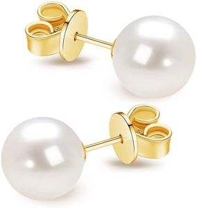 JORA 14K Gold AAA+ Handpicked Round Freshwater Cultured White Pearl Stud Earrings for Women Girls, Yellow Gold, Pearl