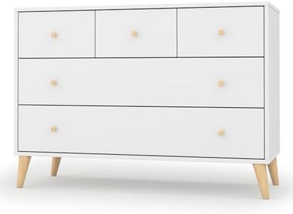dadada Austin 5-Drawer Dresser for Nursery and Bedroom - Modern Design, Large Storage, Baby-Safe Finish, Anti-Tip Safety, Solid Wood Feet, Durable Construction (White+Natural)