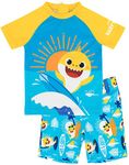 Baby Shark Swimsuit for Boys | 2 Piece T-Shirt Shorts Baby Children Yellow Blue Song Surf Swimming Costume | Short Sleeve with Elasticated Waistband
