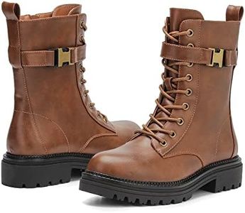 CentroPoint Women's Lace Up Combat Boots Low Heel Mid Calf Military Booties Round Toe Side Zipper Buckle Ankle Boot, Chocolate Pu, 9