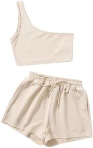Verdusa Women's One Shoulder Tank Top and Lounge Shorts 2 Piece Tracksuit Set Khaki S