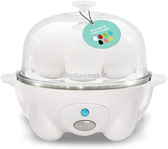 Elite Gourmet EGC-007## Rapid Egg Cooker, 7 Easy-To-Peel, Hard, Medium, Soft Boiled Eggs, Poacher, Omelet Maker, Auto Shut-Off, Alarm, 16-Recipe Booklet, BPA-Free, White