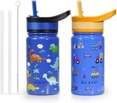 BUZIO 2 Pack Insulated Kids Water Bottle, 14oz Stainless Steel Water Bottles with Straw Lid, BPA-FREE Lead-Free Double Wall Vacuum Leak Proof Drink Cups Flask for School (Blue Car +Blue Dinosaur)