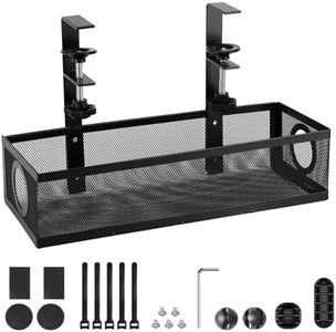 iXTRA Under Desk Cable Management Tray No Drill Cable Management Box with Clamp for Wire Organizer Under Table Wire Management Tray Cord Organizer Rack Basket for Office & Home Standing Desk Black