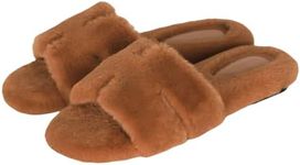 Stratuxx Kaze Womens Fuzzy Faux Fur Slipper Comfy Furry Slide Flat Sandals Open Toe Memory Foam Indoor Slipper for Women, Brown, 7