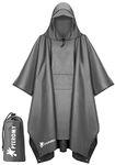 PTEROMY Hooded Rain Poncho for Adult with Pocket, Waterproof Lightweight Unisex Raincoat for Hiking Camping Emergency, Grey, One Size
