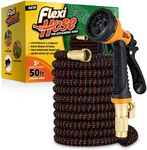 Flexi Hose with 8 Function Nozzle Expandable Garden Hose, Lightweight & No-Kink Flexible Garden Hose, 3/4 inch Solid Brass Fittings and Double Latex Core, 50 ft Orange Black