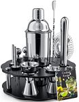 Bokhot 750ml Bartender Kit, 14PCS Cocktail Making Set Stainless Steel Cocktail Shaker Set with Rotating Stand,Shaker Tins, Jigger, Spoon, Pourers, Strainer,Tongs,Bottle Stoppers,Opener, Recipes(Black)