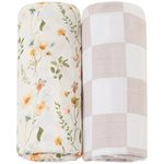 LifeTree Muslin Swaddle Blanket for Baby Girl, 2-Pack 70% Viscose Bamboo and 30% Cotton Large Swaddle Blankets (47" x 47"), Floral & Dusty Pink Checkered