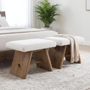 DM Furniture Boucle Accent Stools Set of 2, Beige Upholstered Wood Ottomans