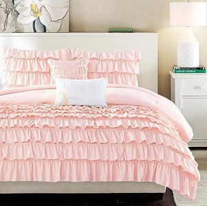 Intelligent Design Comforter Set Queen, Waterfall Multi Layers Ruffle Comforter Set, Shabby Chic Preppy Bedding Set, Soft Queen Comforter Set for Teen Girls, Toss Pillow, Full/Queen Blush 5 Piece