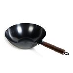 HomeEssentials Heavy Duty Fine Iron Pan with Wood Handle, Frying Wok Pan with Handle, Gas & Induction Compatible/Pre-Seasoned Wok, 100% Pure & Toxin-Free (AM270)