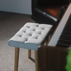 AKLOT Velvet Upholstered Piano Bench: Rubberwood Legs with 300-Pound Load Capacity, Ergonomically Set Seat Height, Easy Assembly, Purpose Keyboard Stool for Vanity, Bedroom and Living Room (Gray)