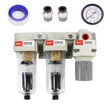 RIH Pneumatics 1/4'' NPT Auto Drain Compressed Air Double Filter & Regulator, Air Compressor Water Separator, Auto Drain, Poly Bowl,0-150 psi Gauge, 5 Micron Brass Element AC2110-02D(1/4 NPT)