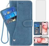 Asuwish Compatible with iPhone 15 Plus 6.7 inch Wallet Case and Tempered Glass Screen Protector Flip Credit Card Holder Cell Phone Cover for i-Phone 15+ iPhone15Plus 5G i i15 + iPhone15 15Plus Blue