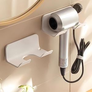 SUPTEC Universal Hair Dryer Holder, Blow Dryer Hanger Wall Mount for Hair Dryer Hook with Plug&Cord Organizer Self Adhesive for Cabinet Bathroom(1 Pack White)