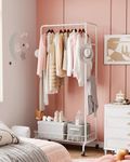 Clothes Rack, Multi-Functional Cloth Rack With Wheels, Rolling Garment Rack With Metal Storage Basket and Side Flexing Bar, Clothing Racks for Hanging Clothes, Clothes Organizer for Bedroom, White