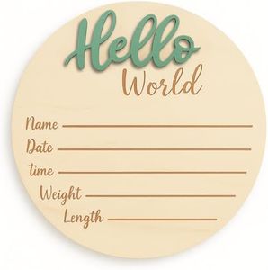 Baby Announcement Sign – 6” Wooden Hello World Newborn Name Sign, Hospital Birth Stat Plaque, Gender-Neutral Welcome Baby Keepsake, Personalized Photo Prop for Boys & Girls, Newborn Gift (Green)